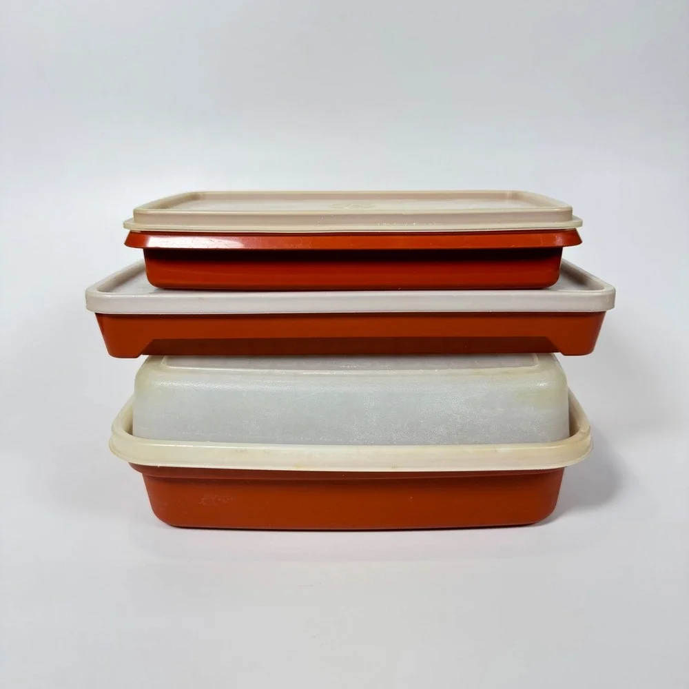 Vintage Tupperware Bacon Meat Keeper Set Paprika Red Orange 3pc 794 1292 622